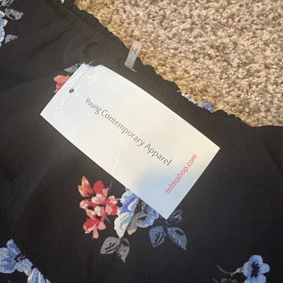 NWT Mittoshop Sz Large Loose A-Line Off Shoulder Floral Print Black Mini Dress - Picture 3 of 4